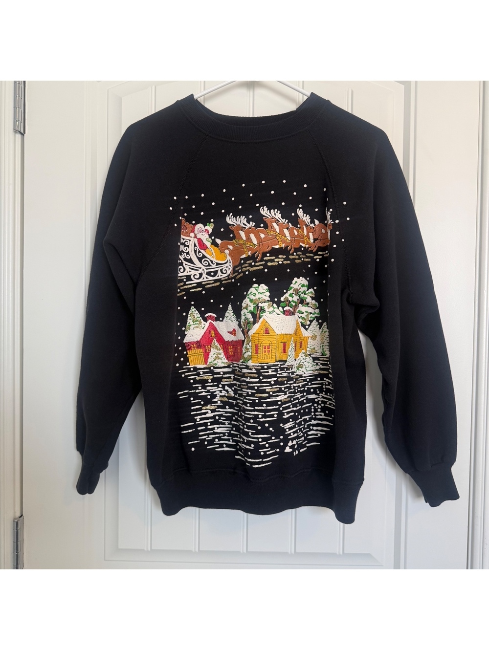 Vintage Black Christmas Sweatshirt with Santa and Reindeer, XL